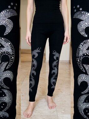 NWT Black Crystal Rhinestone Embellished Leggings Swirl Accent